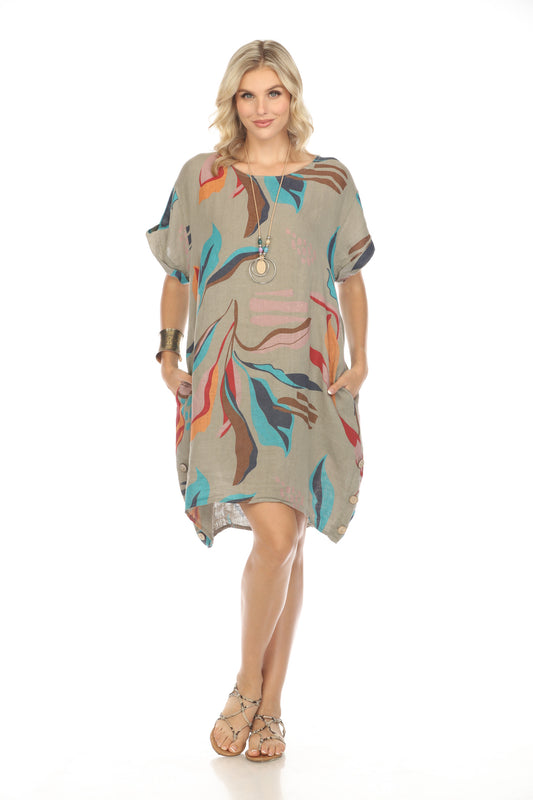 Taupe Leaf Print Side Button Dress