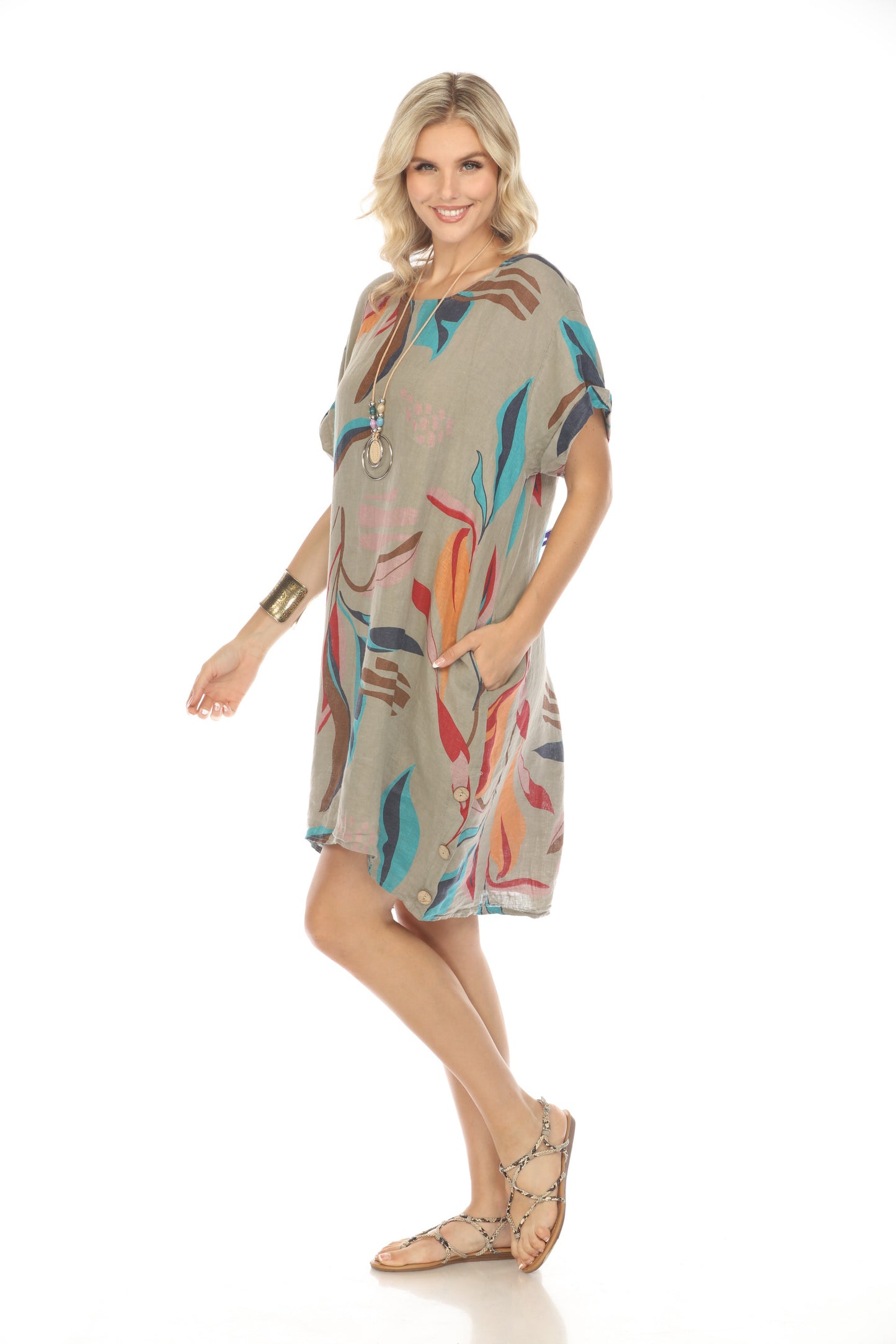 Taupe Leaf Print Side Button Dress