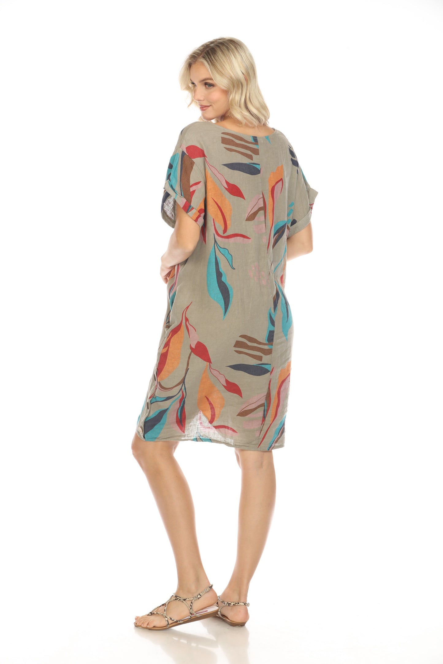 Taupe Leaf Print Side Button Dress