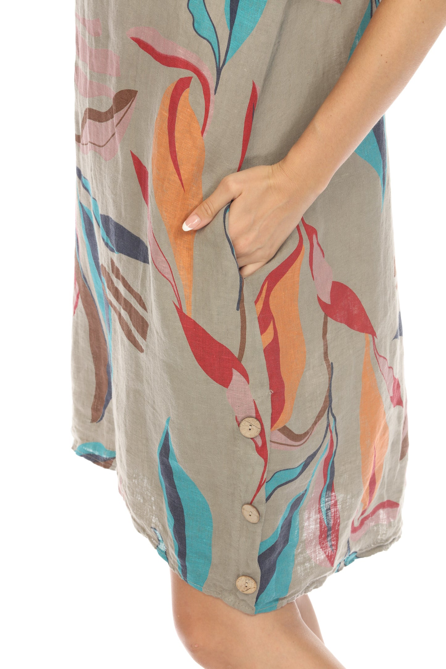Taupe Leaf Print Side Button Dress