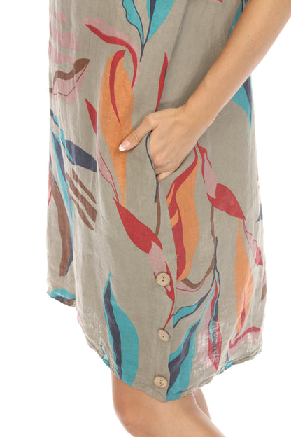 Taupe Leaf Print Side Button Dress