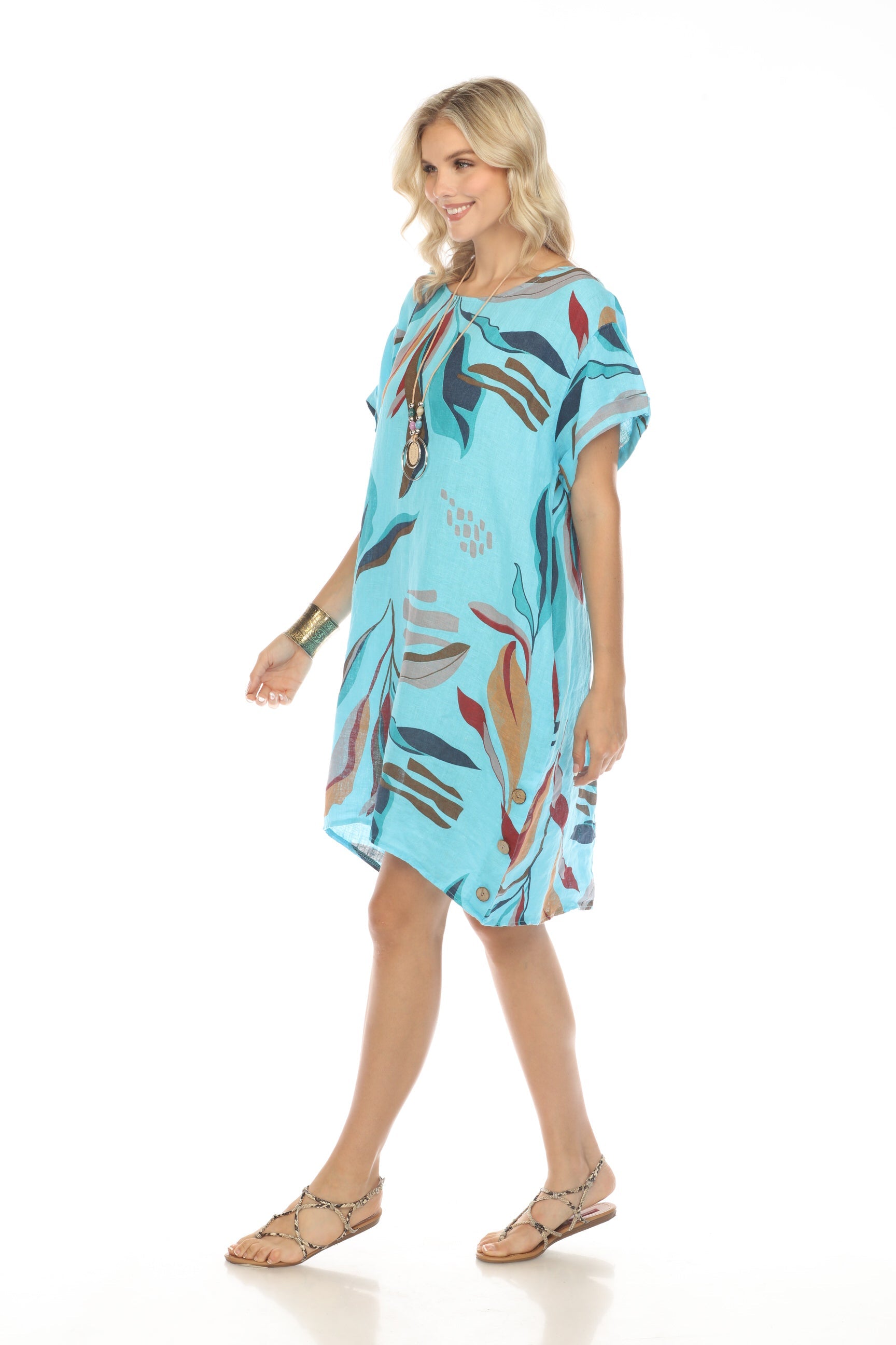 Ocean Blue Leaf Print Side Button Dress