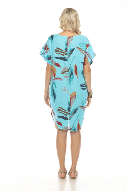 Ocean Blue Leaf Print Side Button Dress