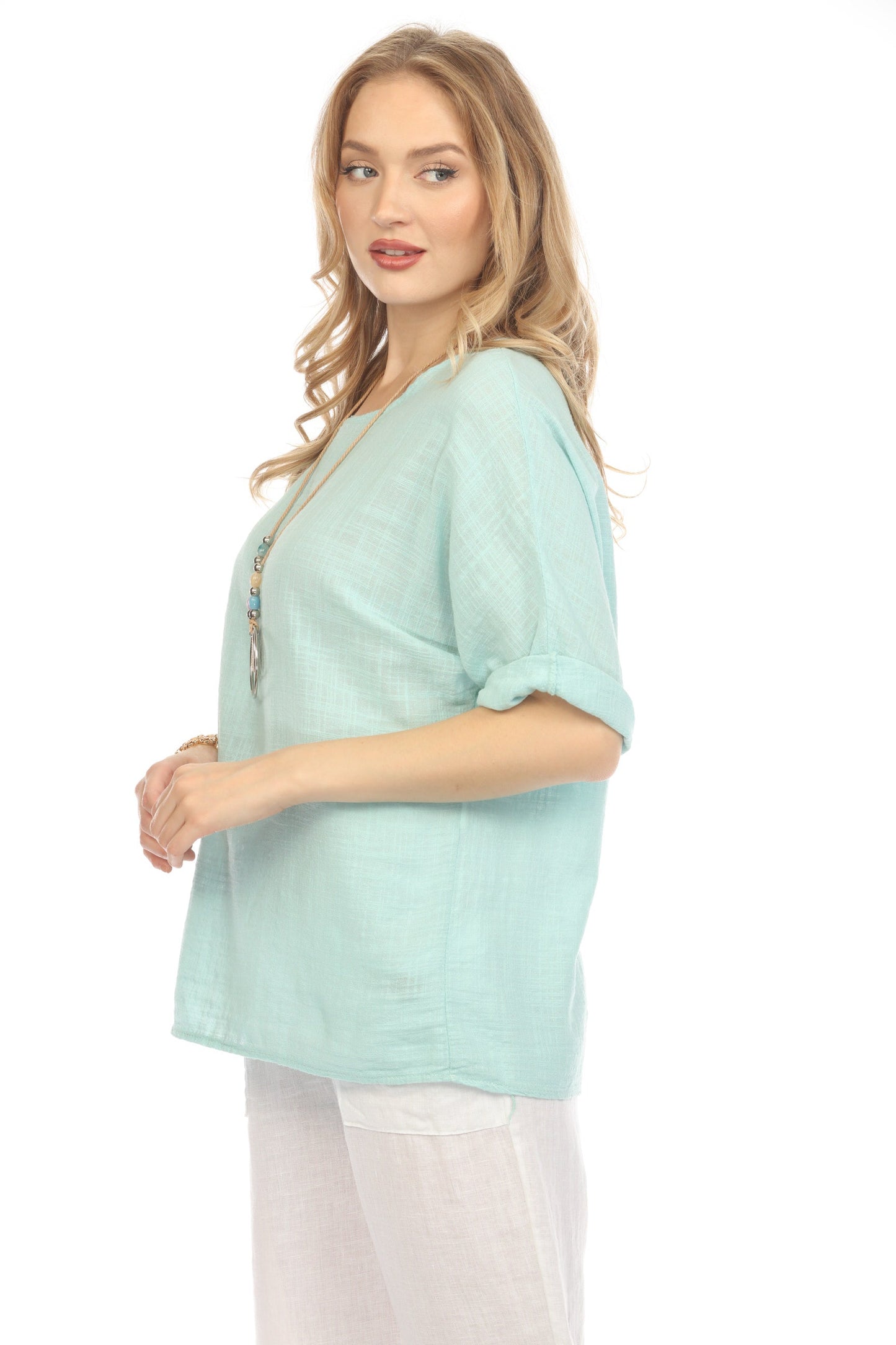 Light Grey Plain boat neck rollup sleeves Top