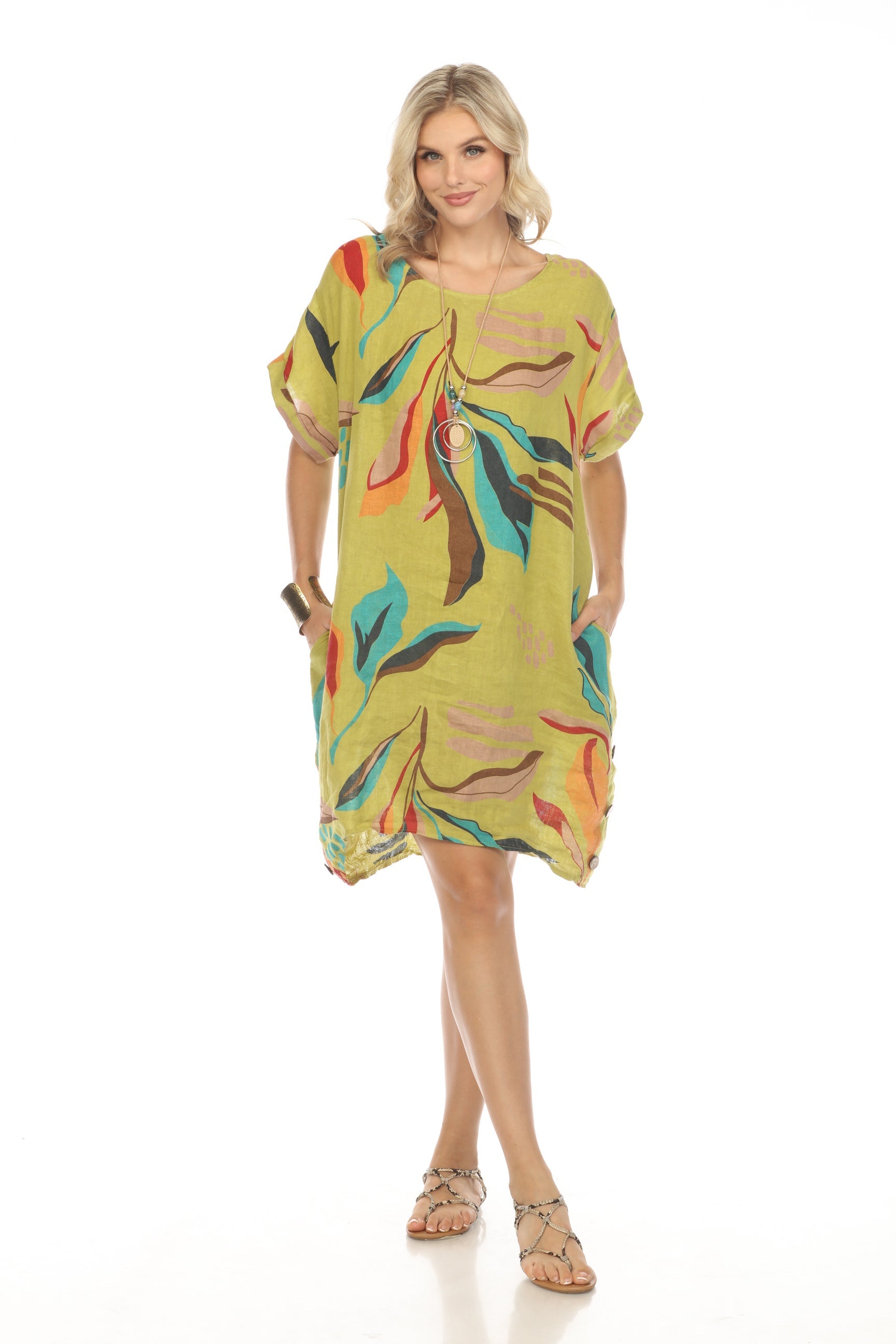 Mustard Leaf Print Side Button Dress