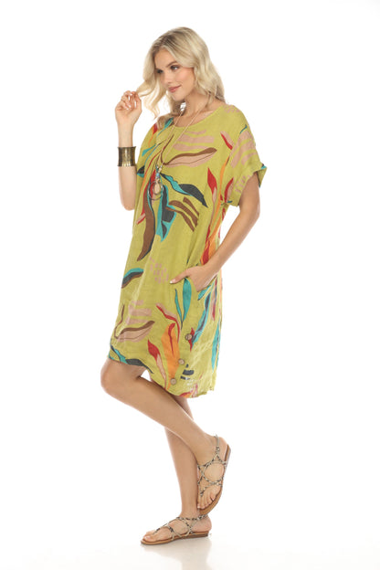 Fern Green Leaf Print Side Button Dress