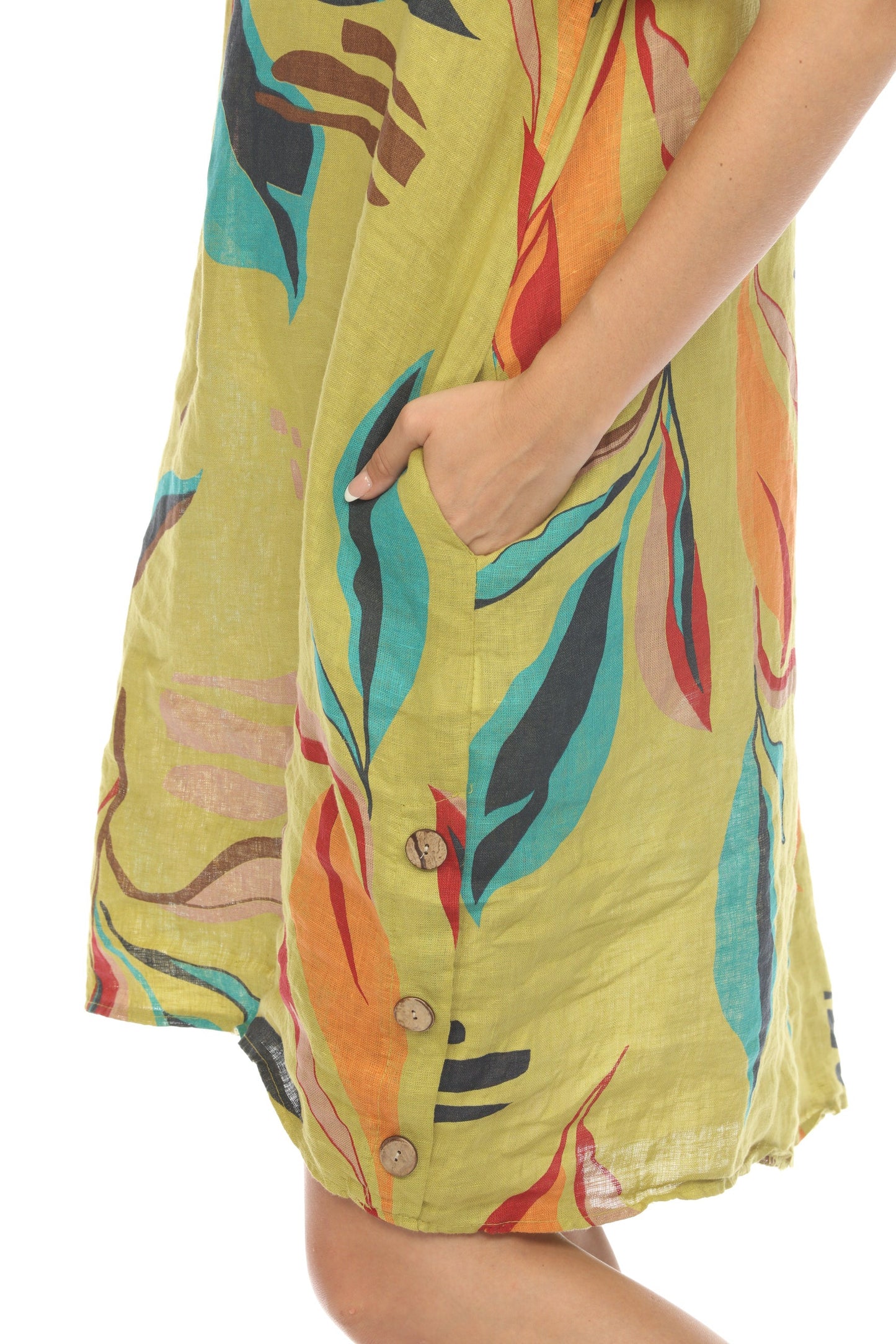 Fern Green Leaf Print Side Button Dress