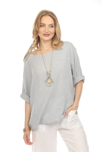 Light Grey Plain boat neck rollup sleeves Top