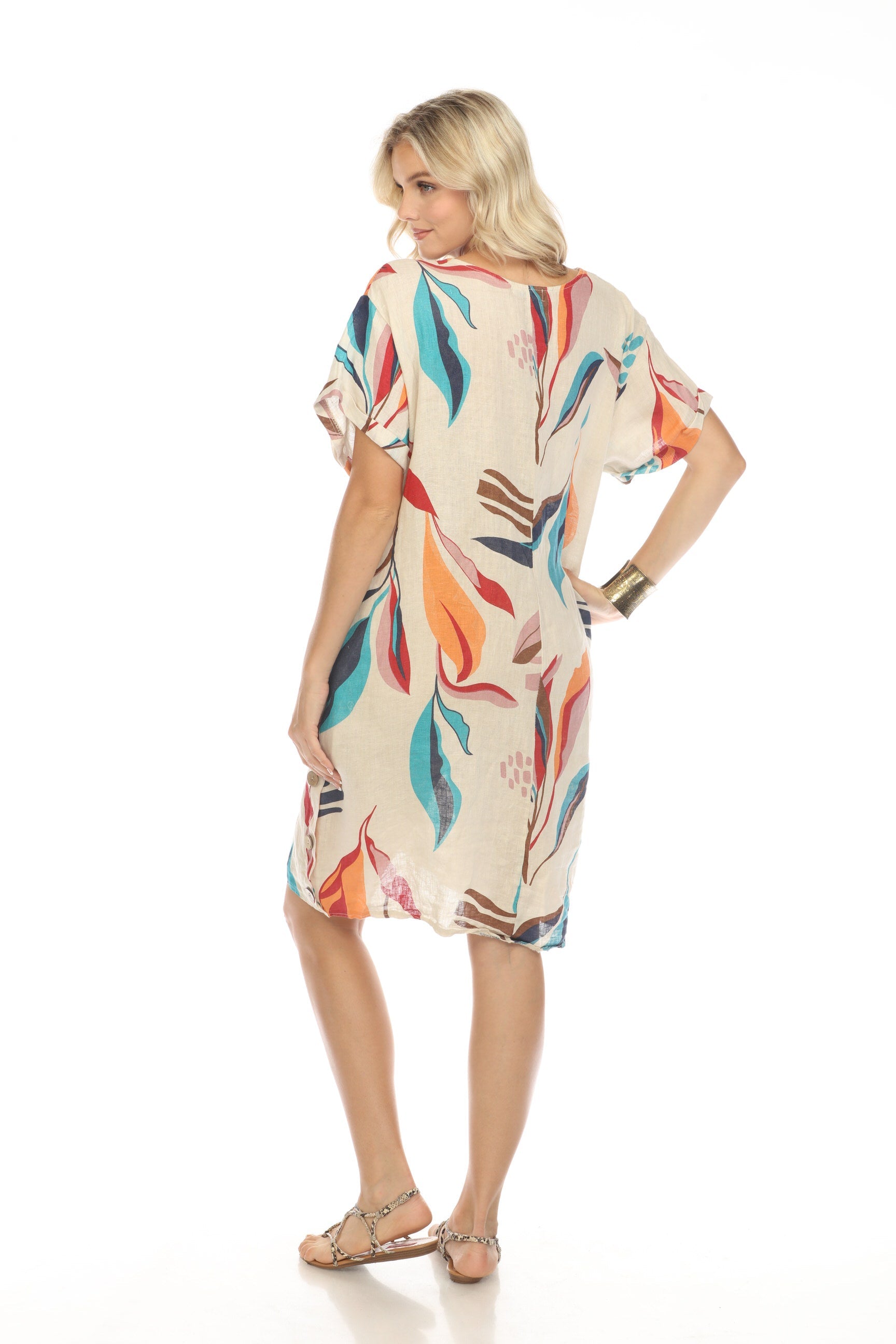 Beige Leaf Print Side Button Dress