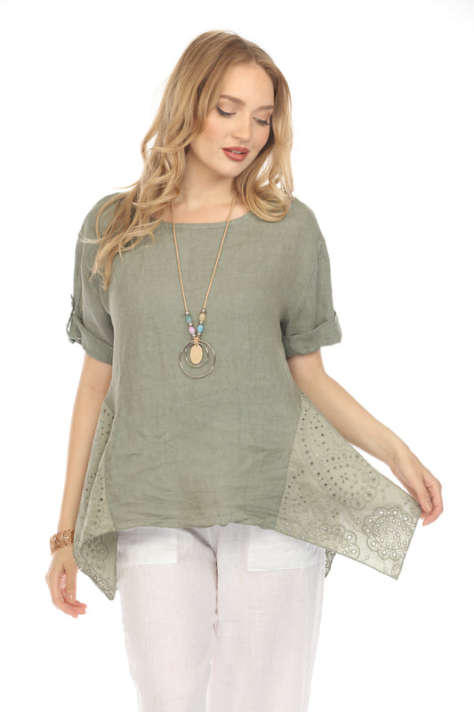 Olive Half Sleeves Top with Asymmetrical Hem