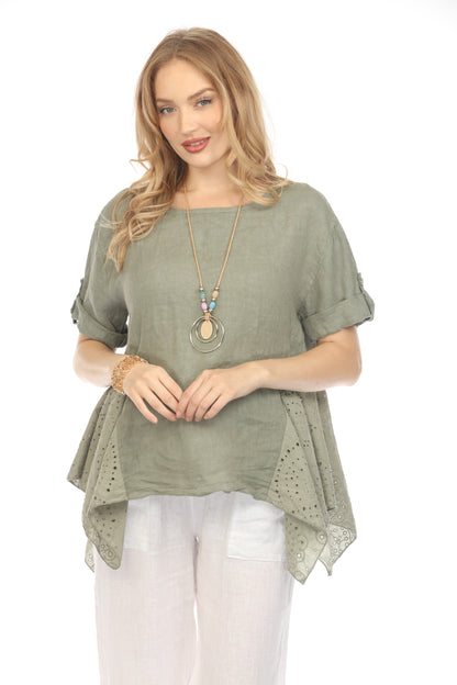 Olive Half Sleeves Top with Asymmetrical Hem