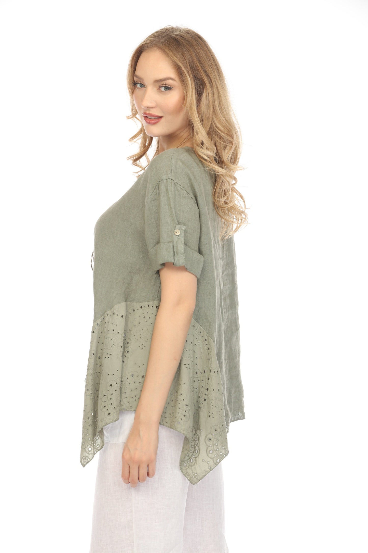 Olive Half Sleeves Top with Asymmetrical Hem
