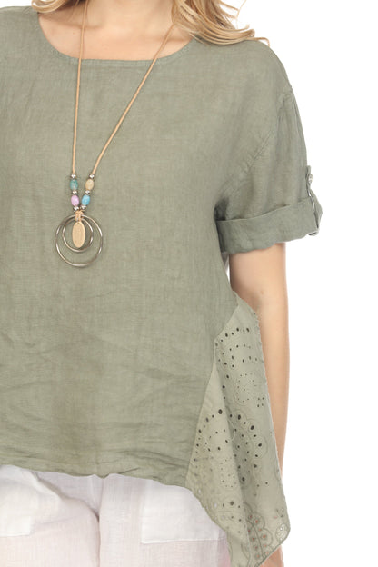 Olive Half Sleeves Top with Asymmetrical Hem