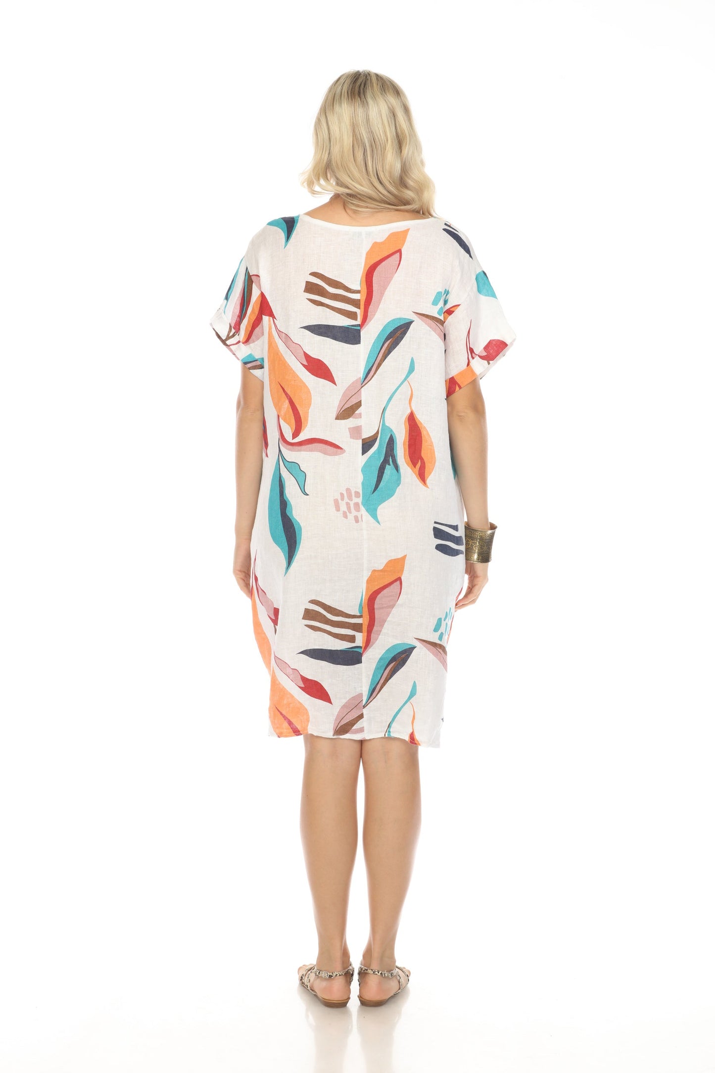 White Leaf Print Side Button Dress