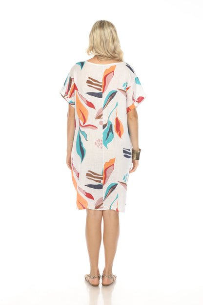 White Leaf Print Side Button Dress