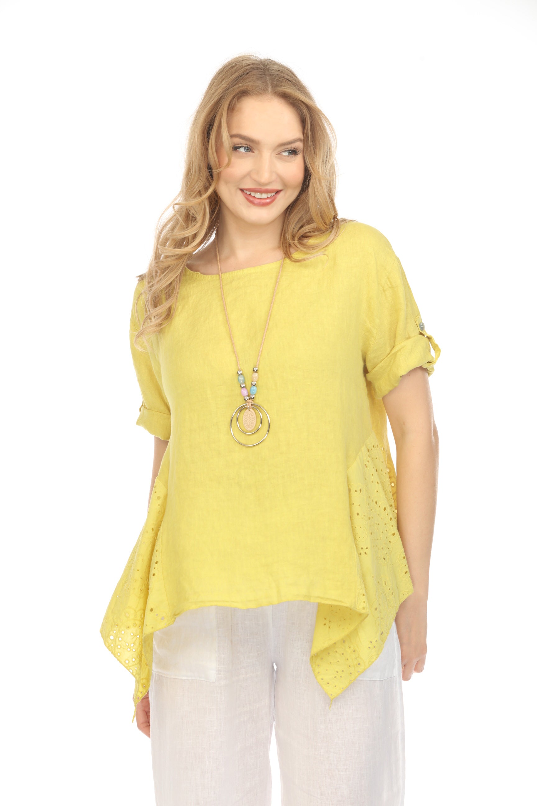 Mustard Half Sleeves Top with Asymmetrical Hem