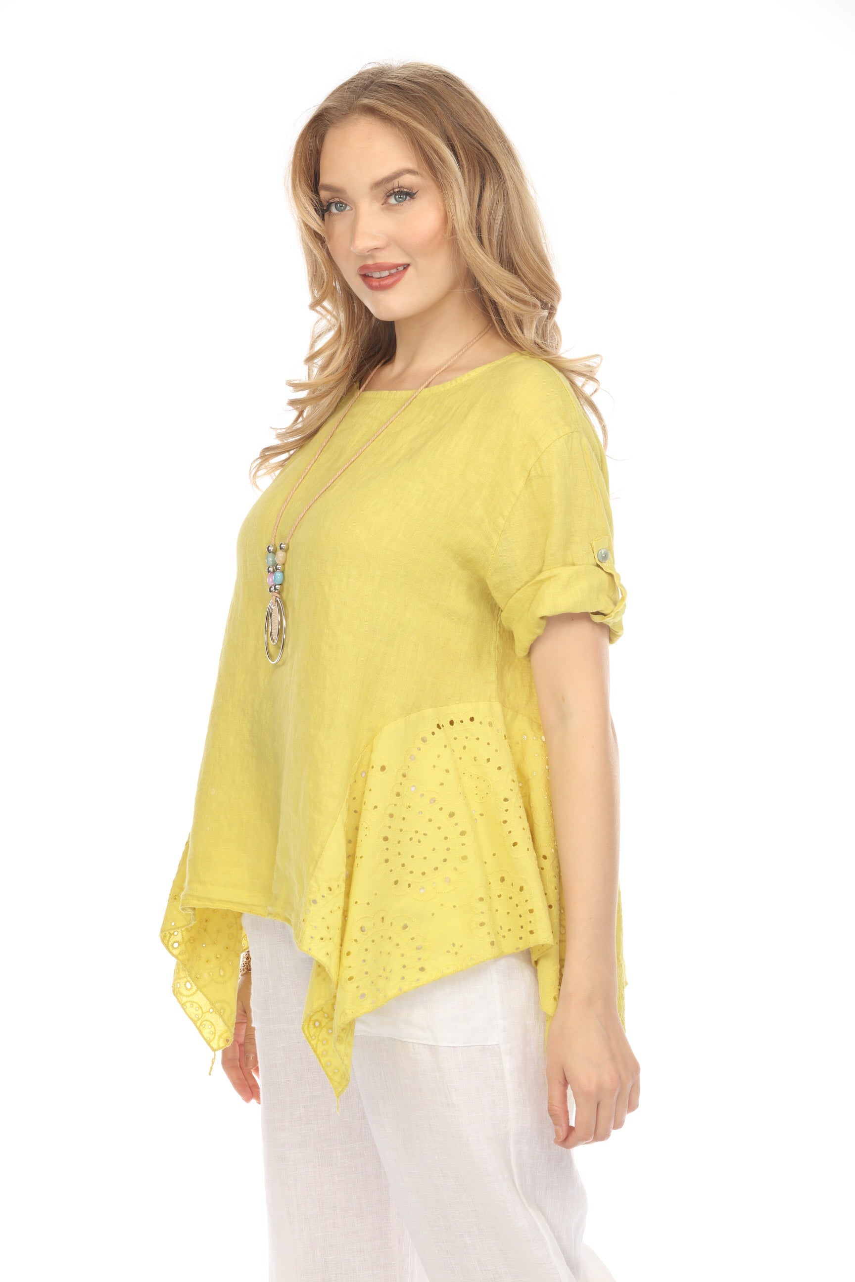 Mustard Half Sleeves Top with Asymmetrical Hem