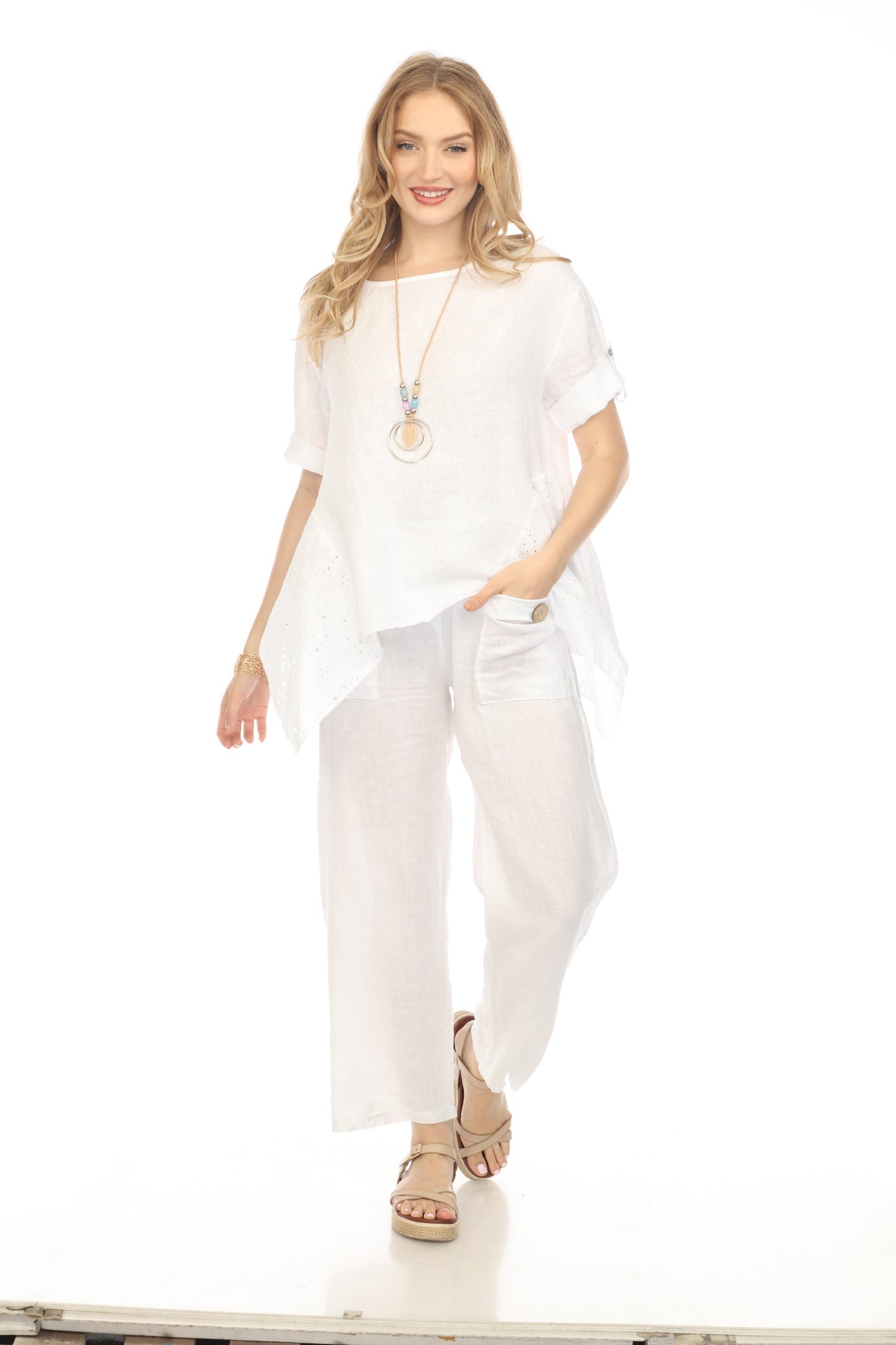 White Half Sleeves Top with Asymmetrical Hem