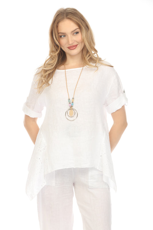 White Half Sleeves Top with Asymmetrical Hem