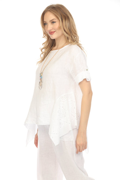 White Half Sleeves Top with Asymmetrical Hem