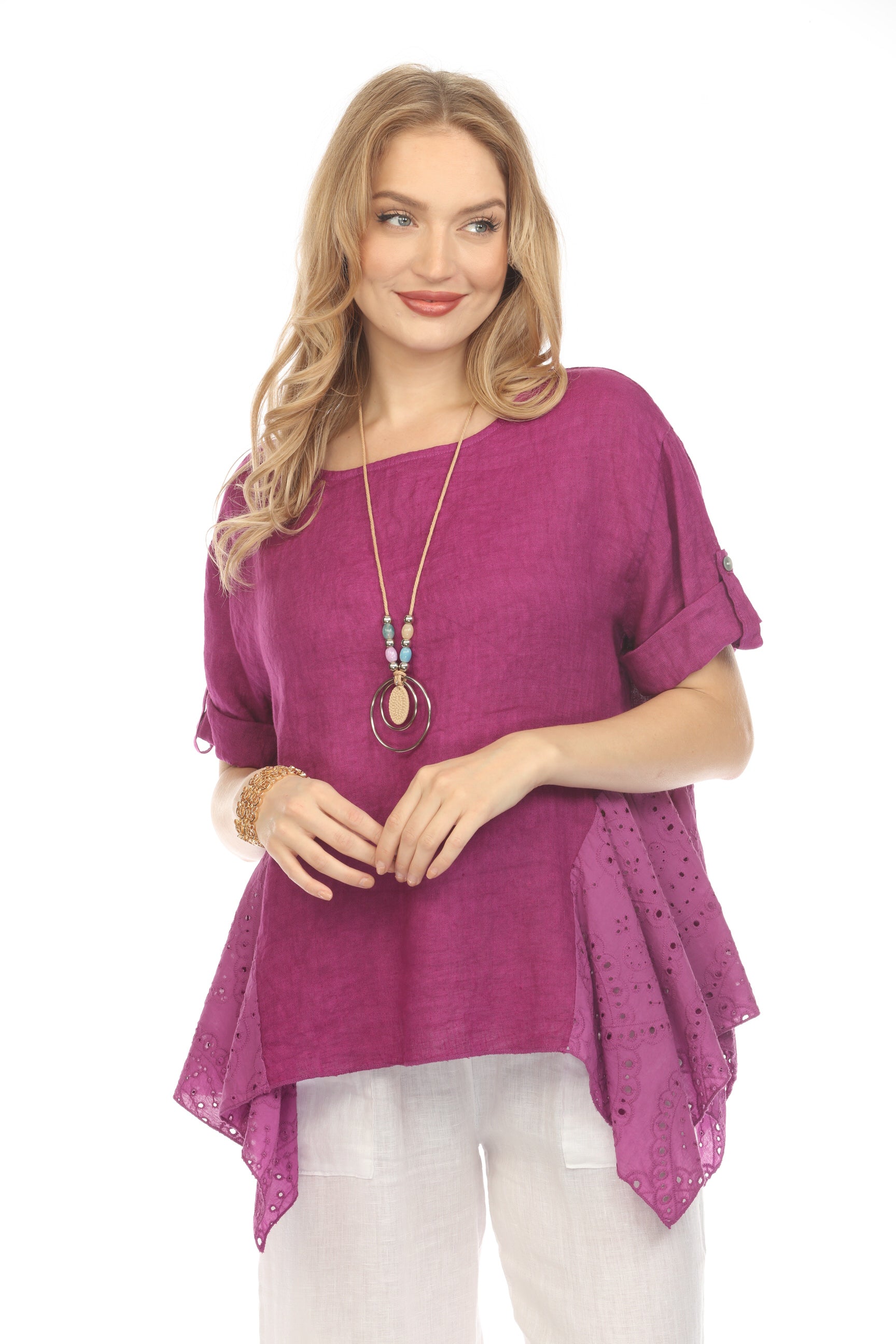 Grape Half Sleeves Top with Asymmetrical Hem