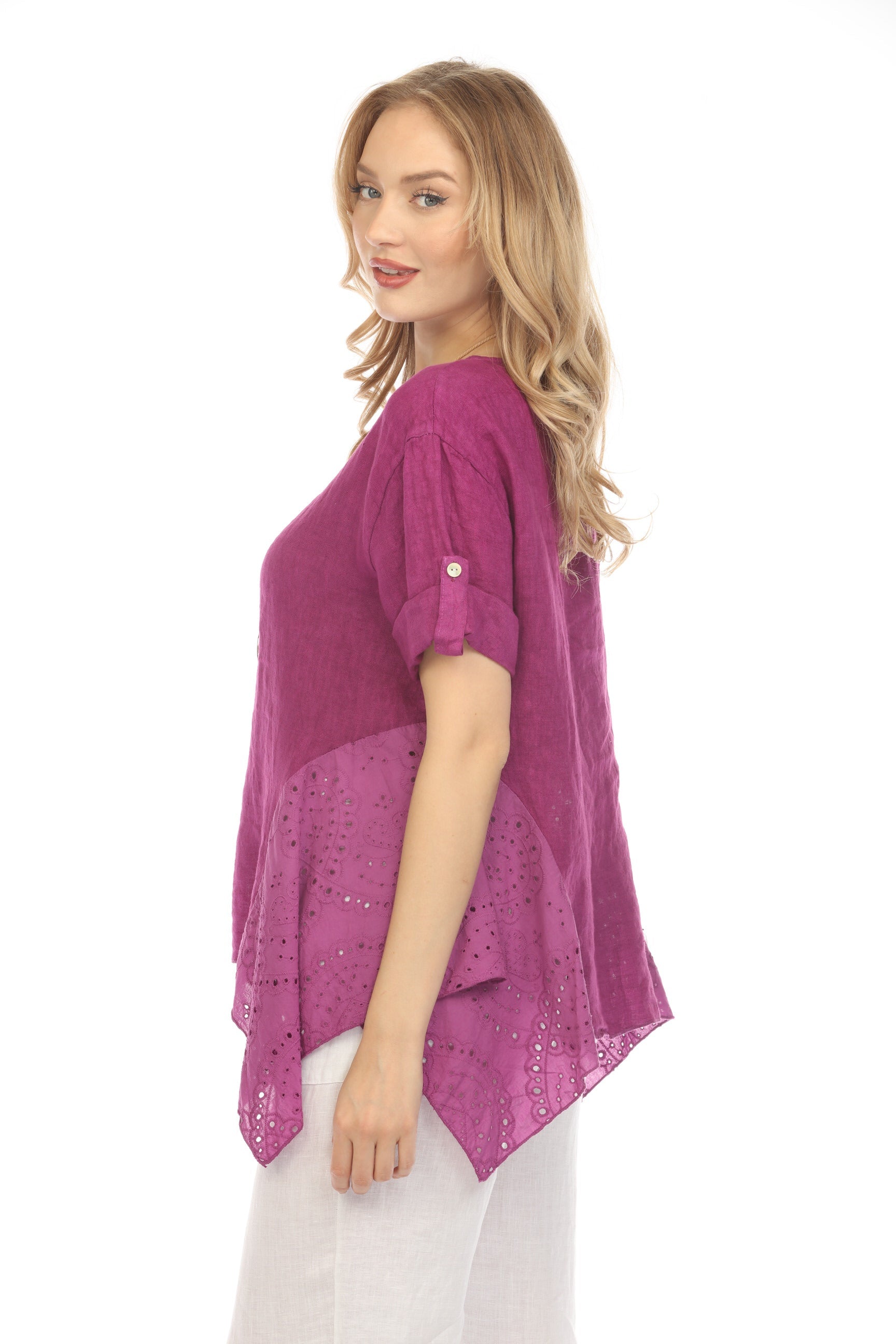 Grape Half Sleeves Top with Asymmetrical Hem