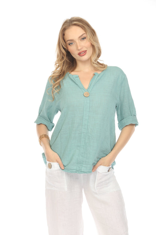 Sea Green 3/4 Sleeves Top with Bamboo Button