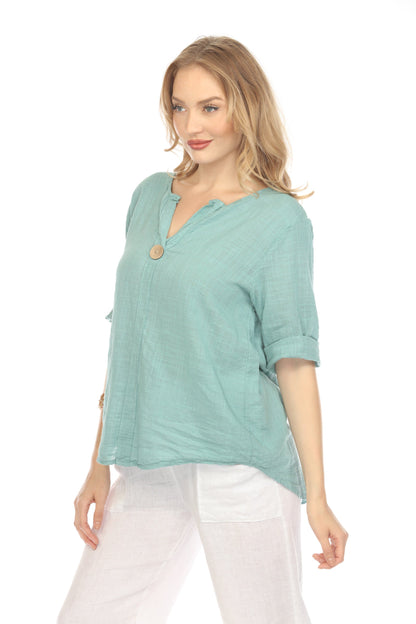 Sea Green 3/4 Sleeves Top with Bamboo Button