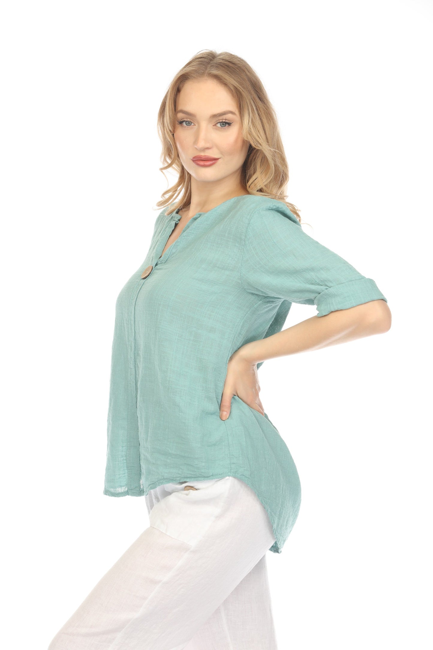 Sea Green 3/4 Sleeves Top with Bamboo Button