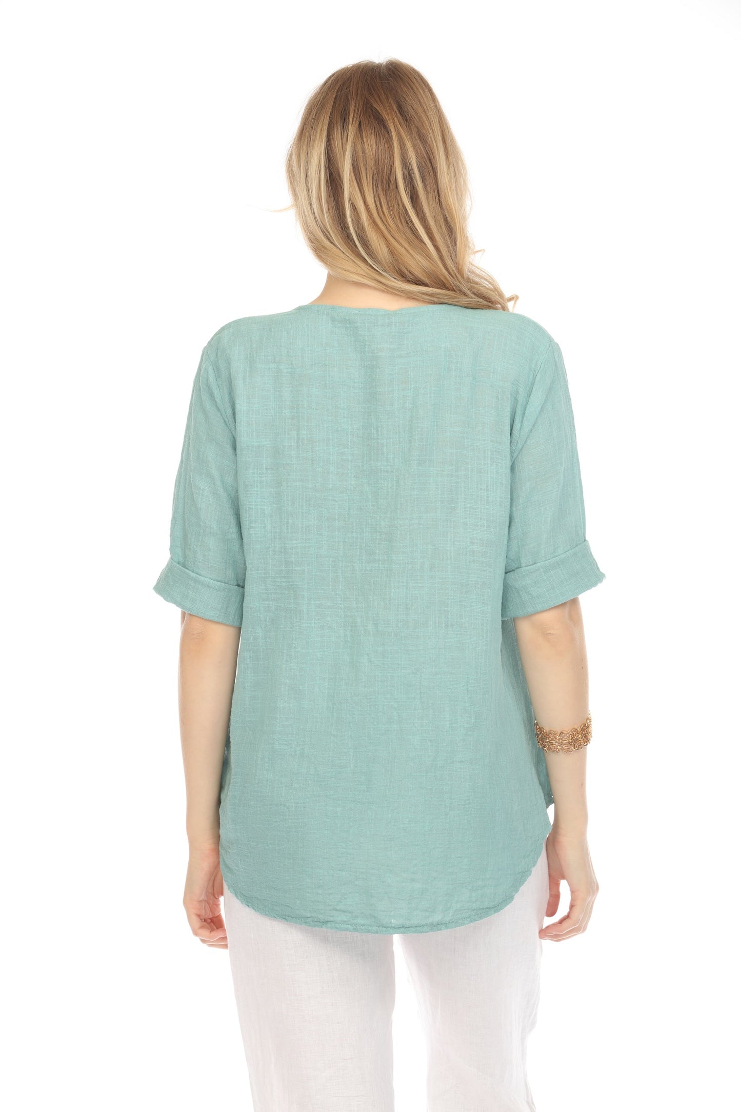 Sea Green 3/4 Sleeves Top with Bamboo Button