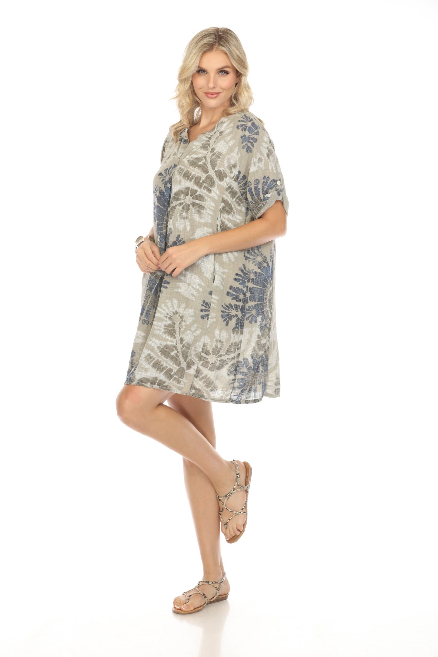 Taupe Print Button Up Sleeves Pockets Dress