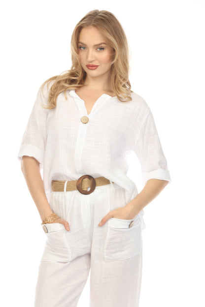 White 3/4 Sleeves Top with Bamboo Button