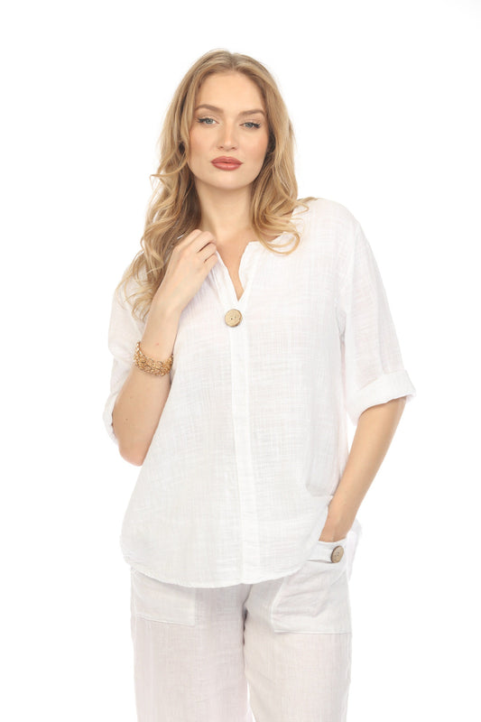 White 3/4 Sleeves Top with Bamboo Button