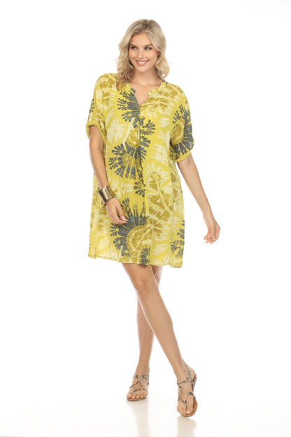 Yellow Print Button Up Sleeves Pockets Dress