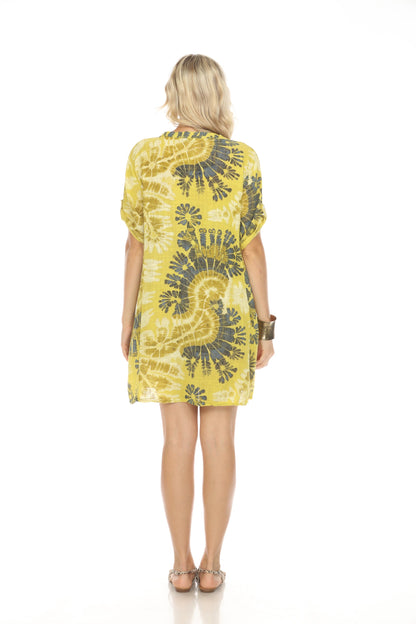 Yellow Print Button Up Sleeves Pockets Dress
