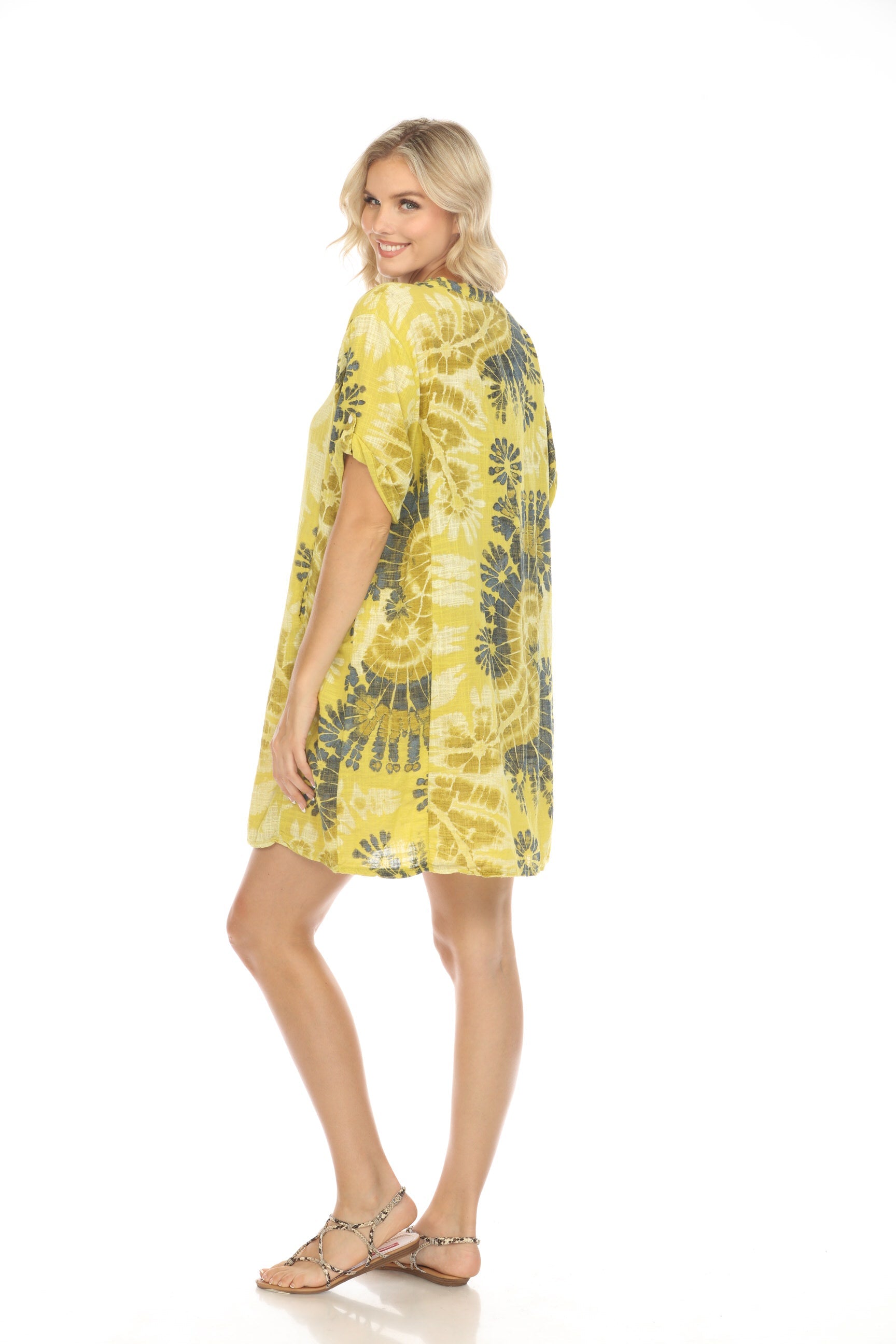 Mustard Painted Print Button Up Sleeves Pockets Dress