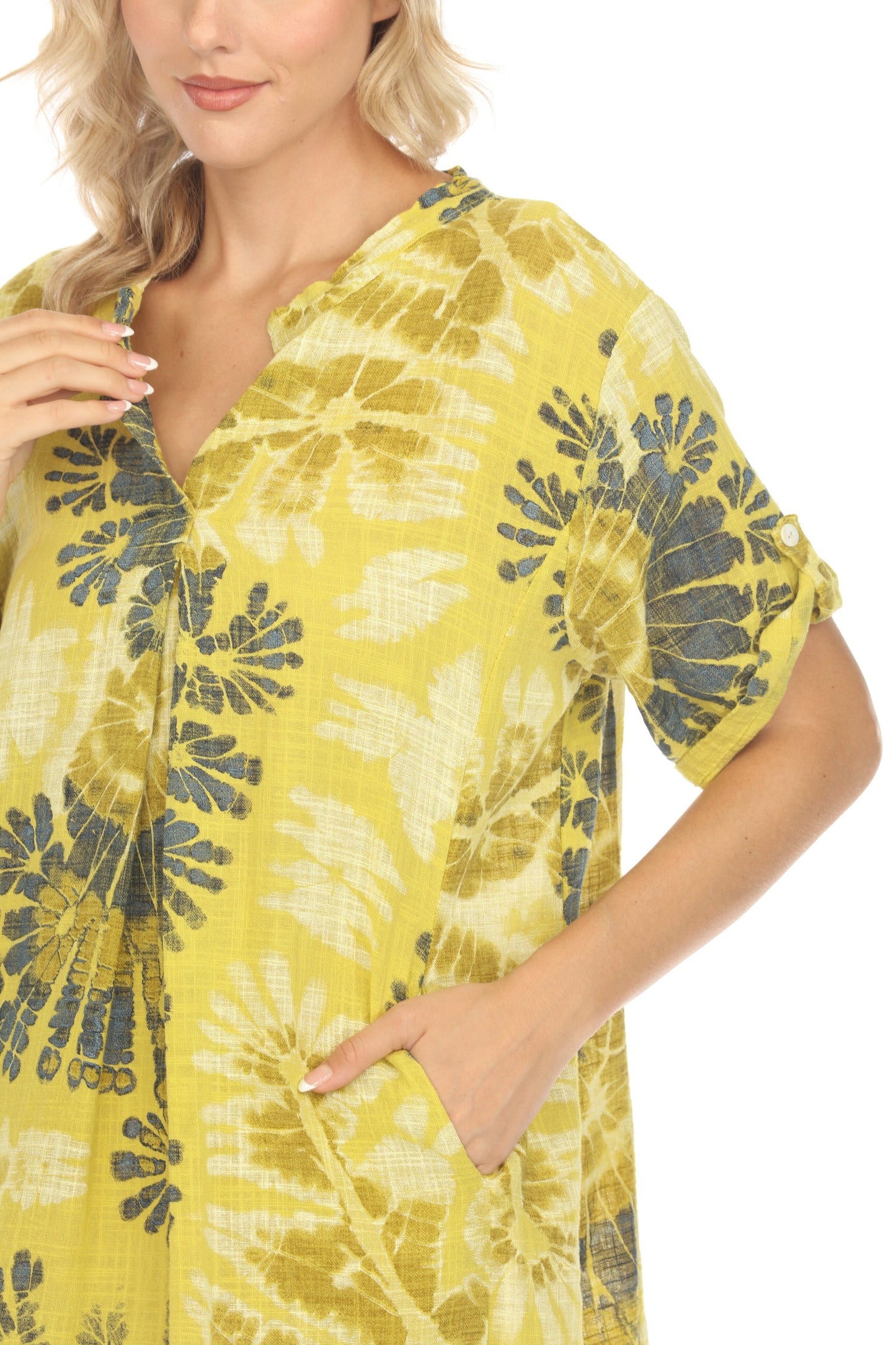 Yellow Print Button Up Sleeves Pockets Dress