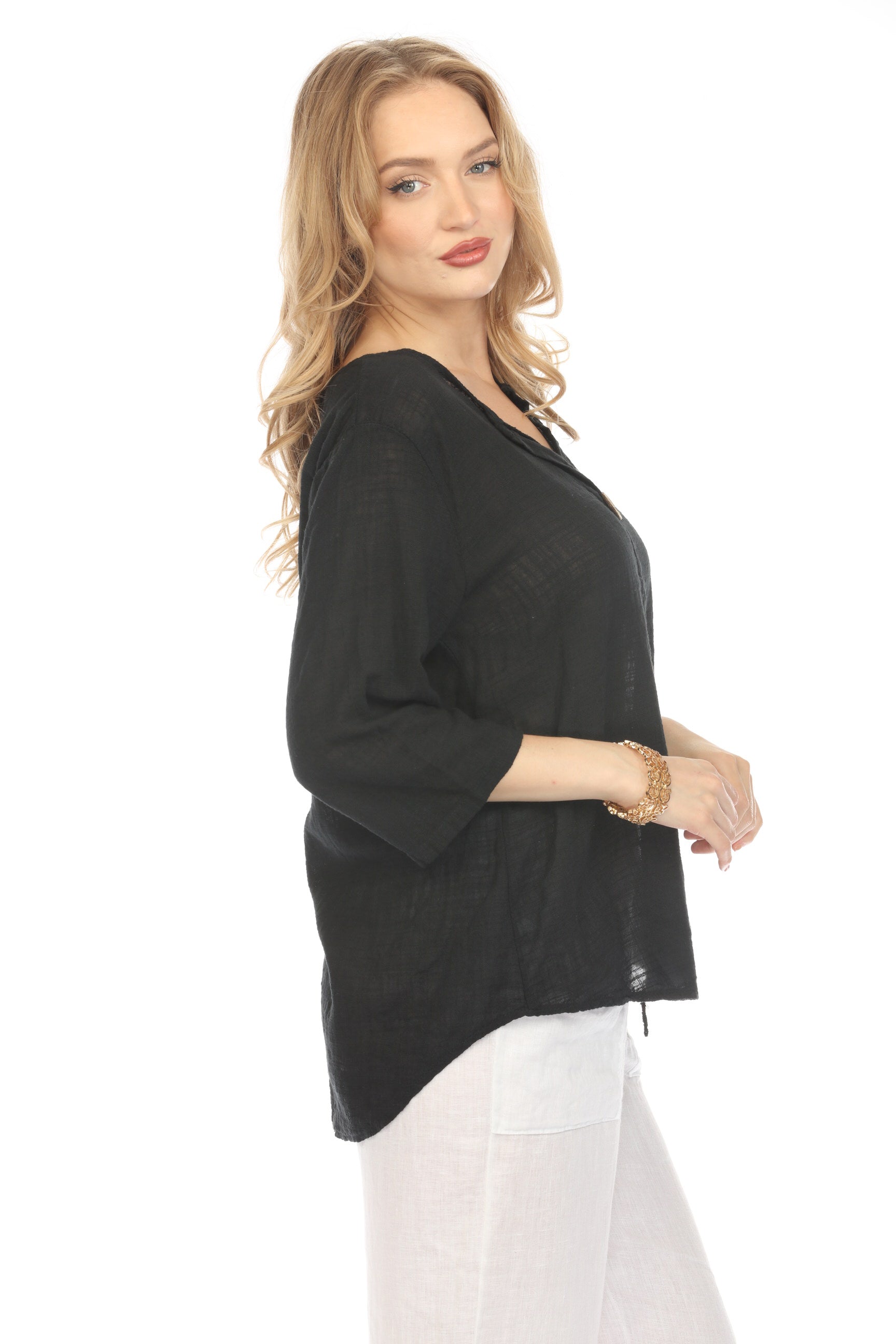 Black Half Sleeves Top with Asymmetrical Hem