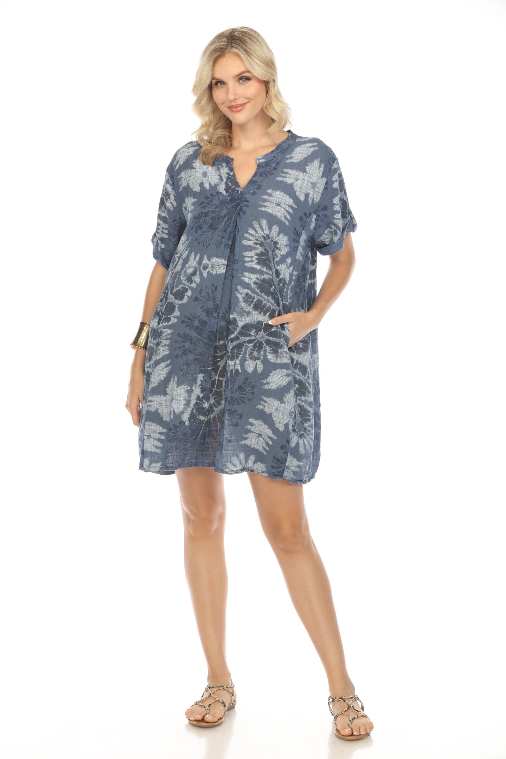 Navy Painted Print Button Up Sleeves Pockets Dress