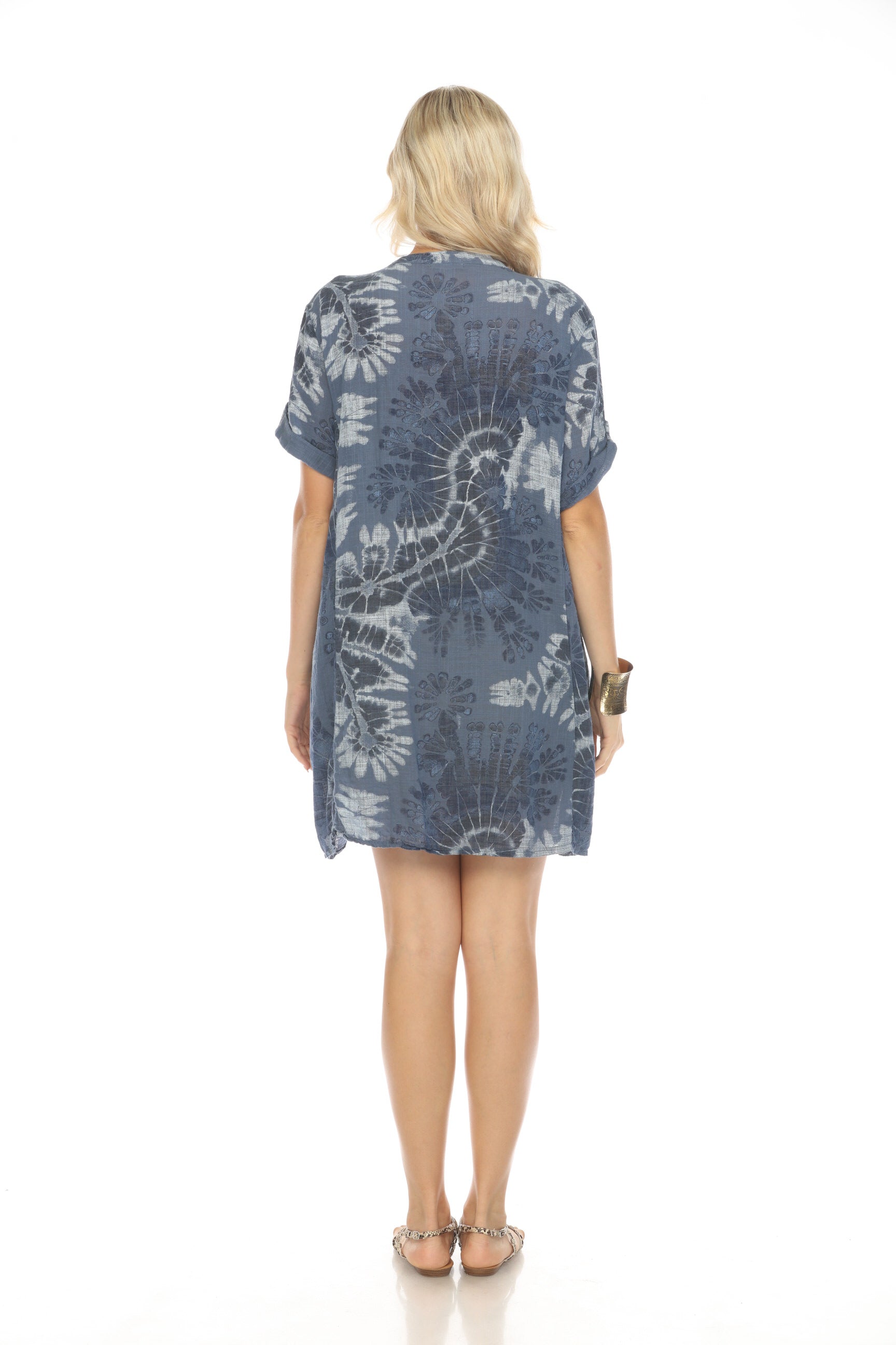 Navy Painted Print Button Up Sleeves Pockets Dress