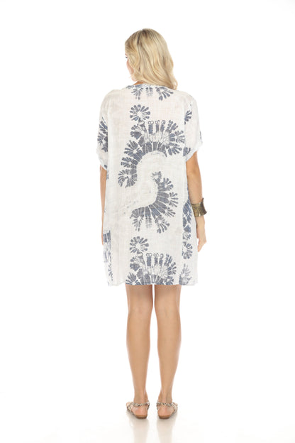 White Painted Print Button Up Sleeves Pockets Dress