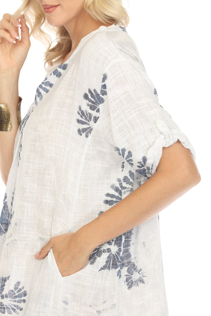 White Painted Print Button Up Sleeves Pockets Dress