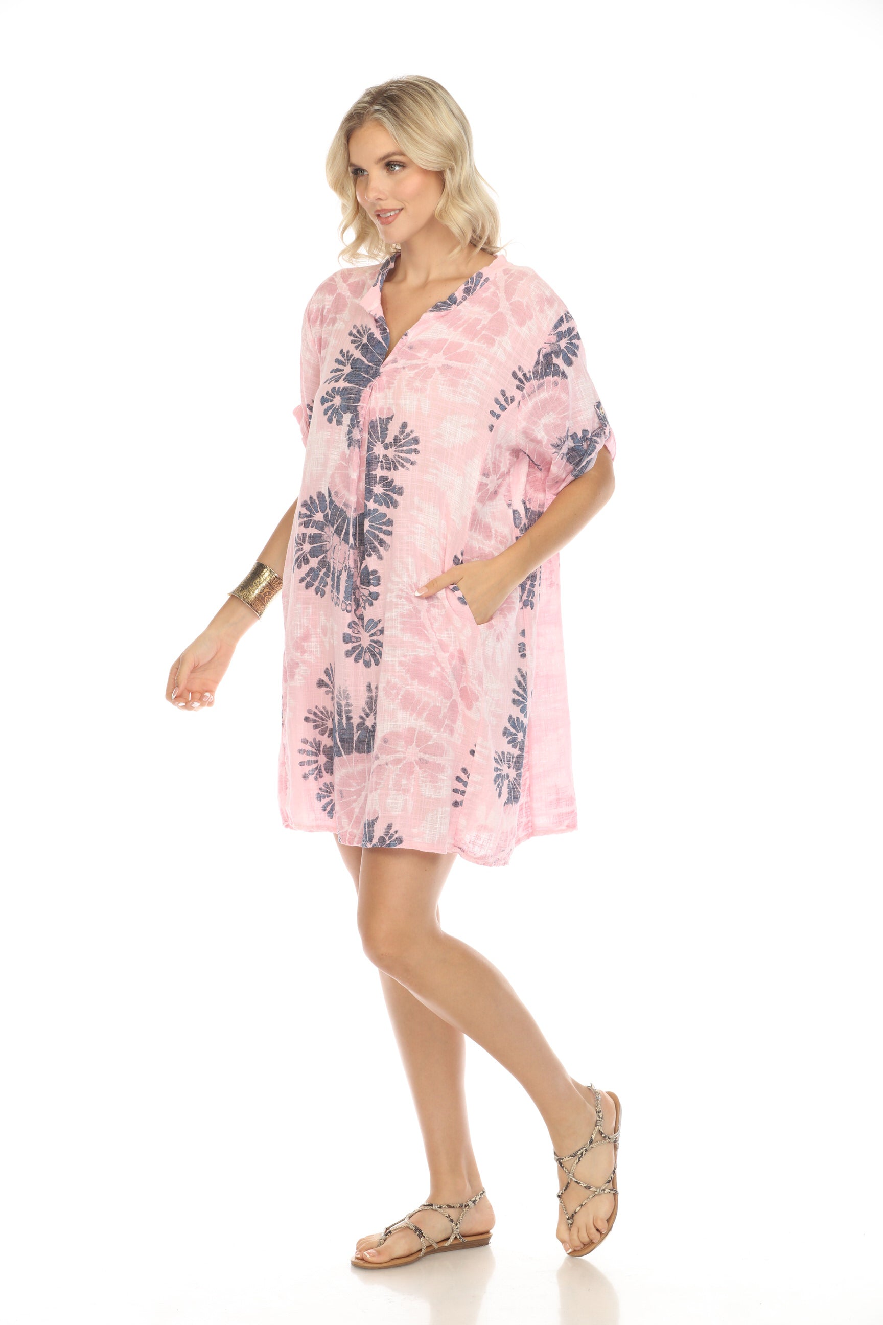 Light Pink Painted Print Button Up Sleeves Pockets Dress