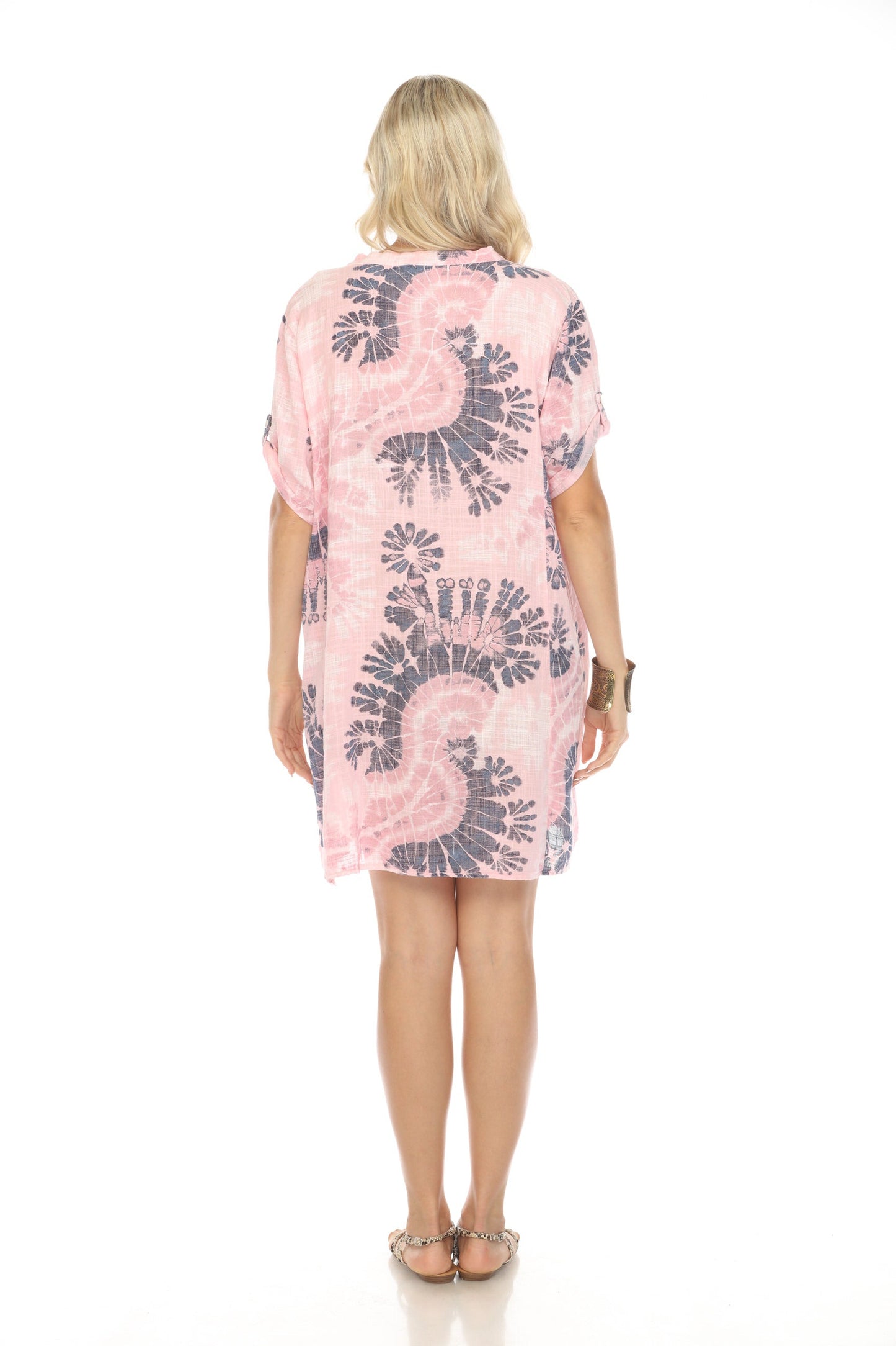 Light Pink Print Button Up Sleeves Pockets Dress