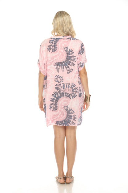 Light Pink Print Button Up Sleeves Pockets Dress