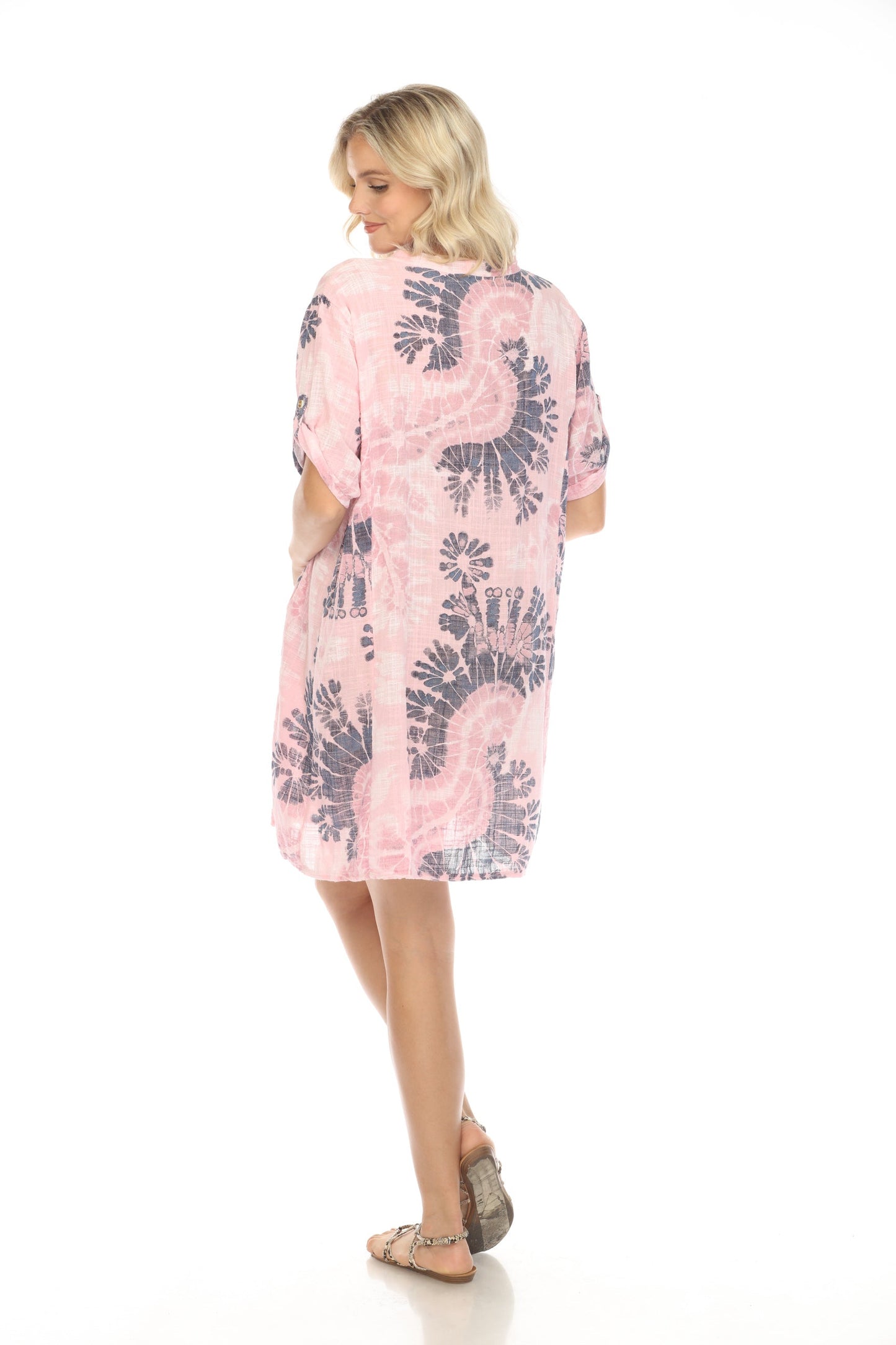 Light Pink Print Button Up Sleeves Pockets Dress