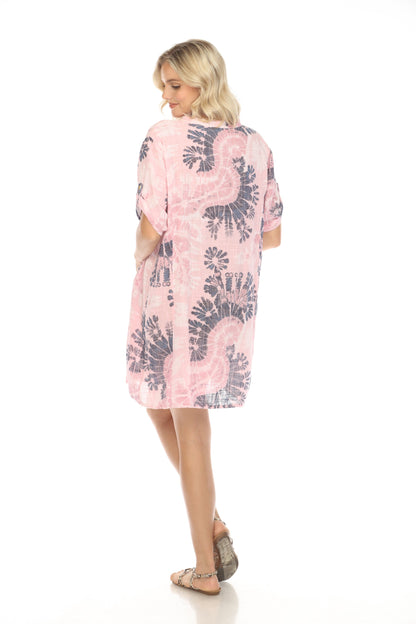 Light Pink Print Button Up Sleeves Pockets Dress
