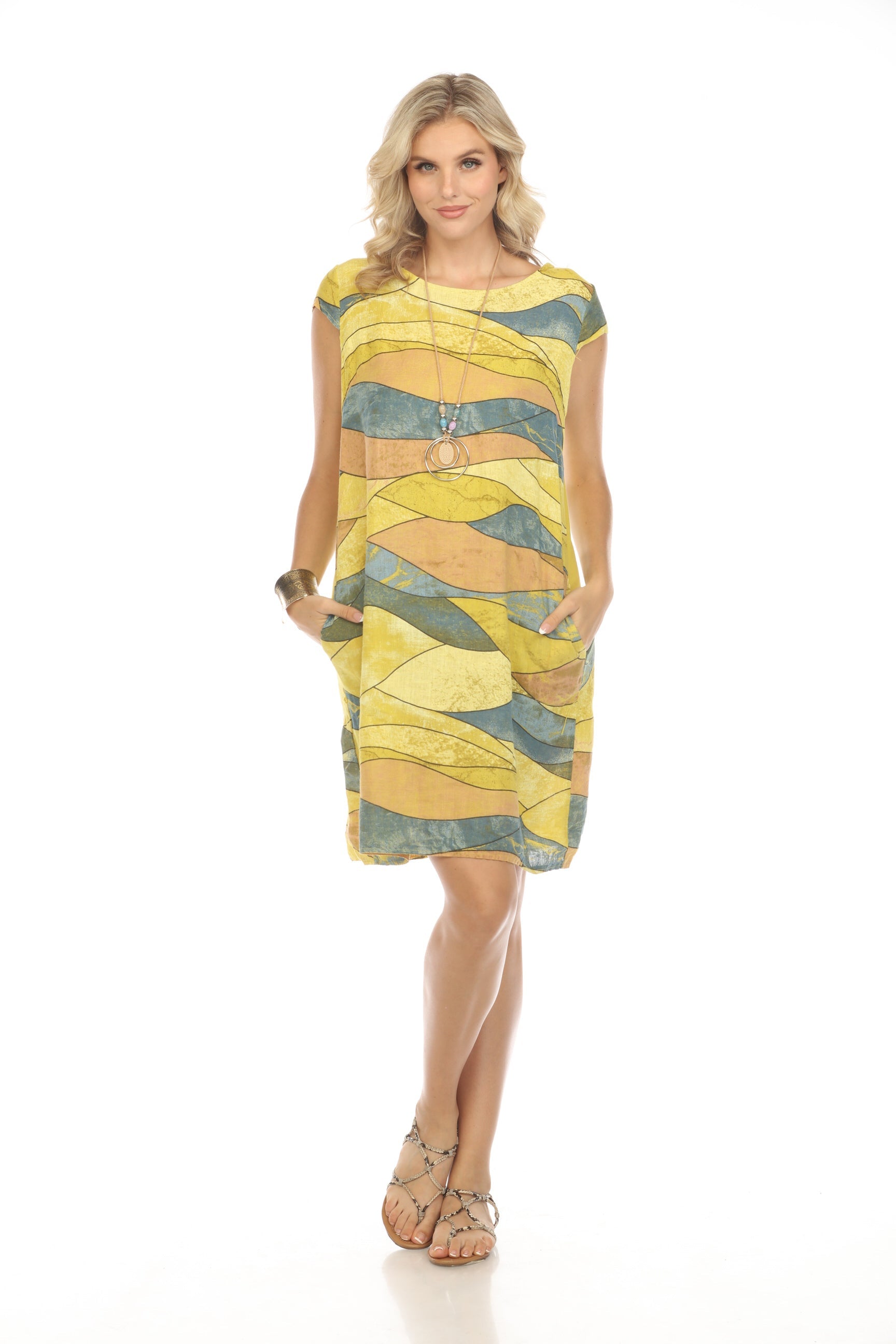 Mustard Navy Cap Sleeves Wave Print Dress Pocket Dress