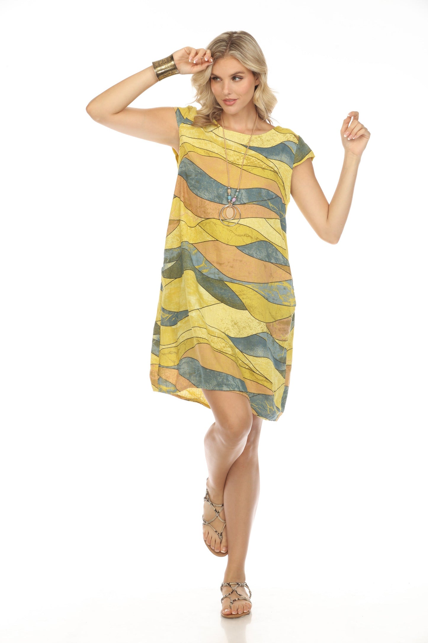 Mustard Navy Cap Sleeves Wave Print Dress Pocket Dress