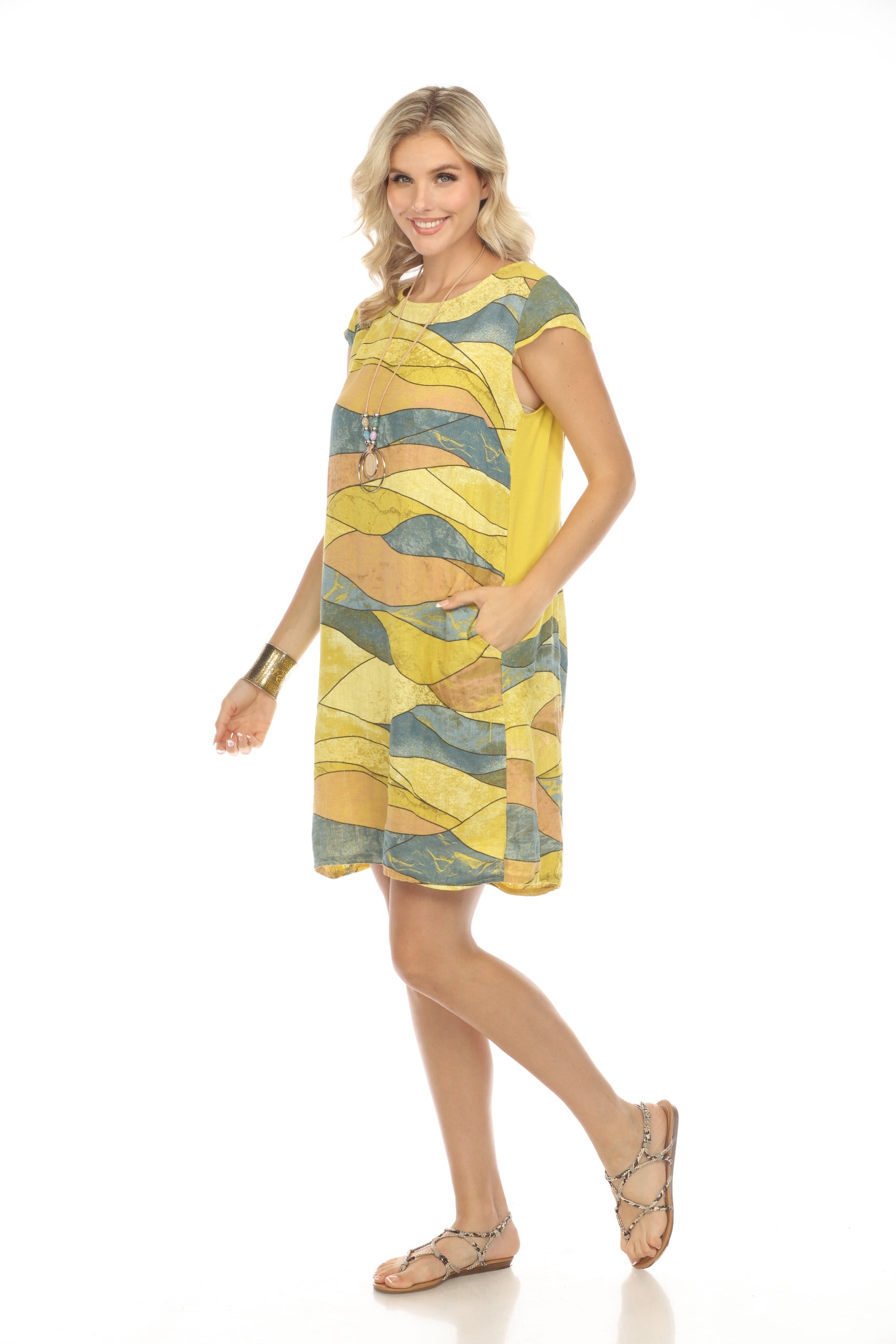 Mustard Navy Cap Sleeves Wave Print Dress Pocket Dress